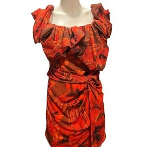 Red Floral Print Mesh Puff Detail Corset Bodycon Dress Size 10